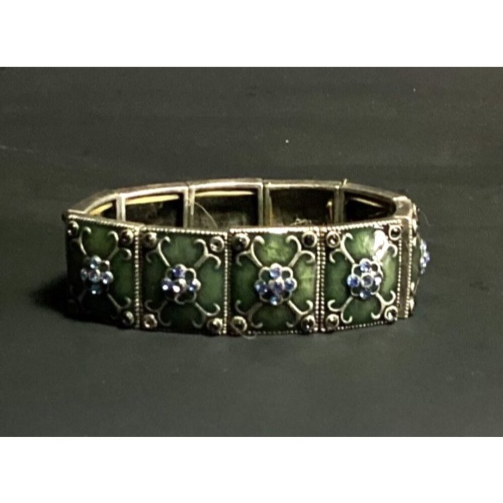 Silver Tone Metal and Olive Green Enamel Panel Stretch Bracelet Blue Rhinestones - Picture 2 of 6
